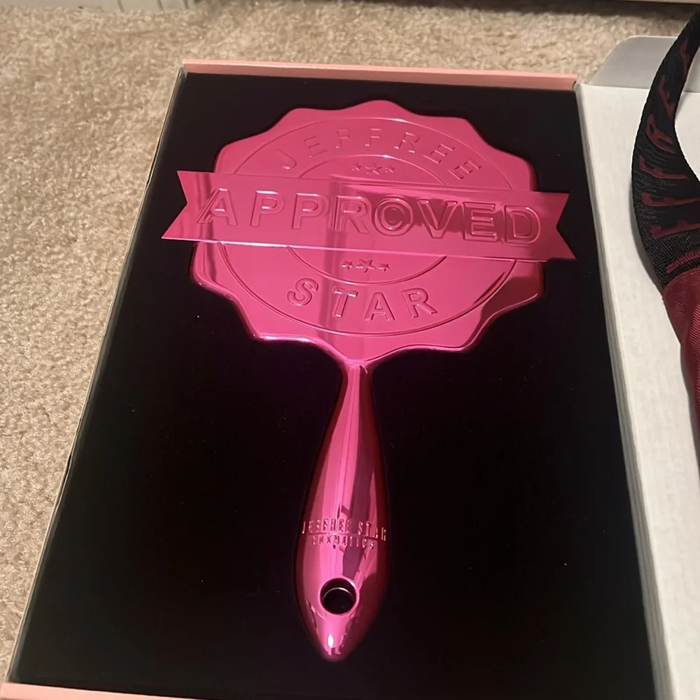 Jeffree Star Metallic Pink “Approved” stamp mirror and crossbody bag